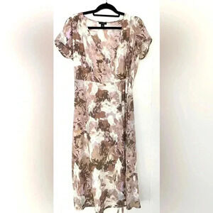 Halogen Short Sleeve Wrap Midi Dress - Beige- Purple Wax Paint